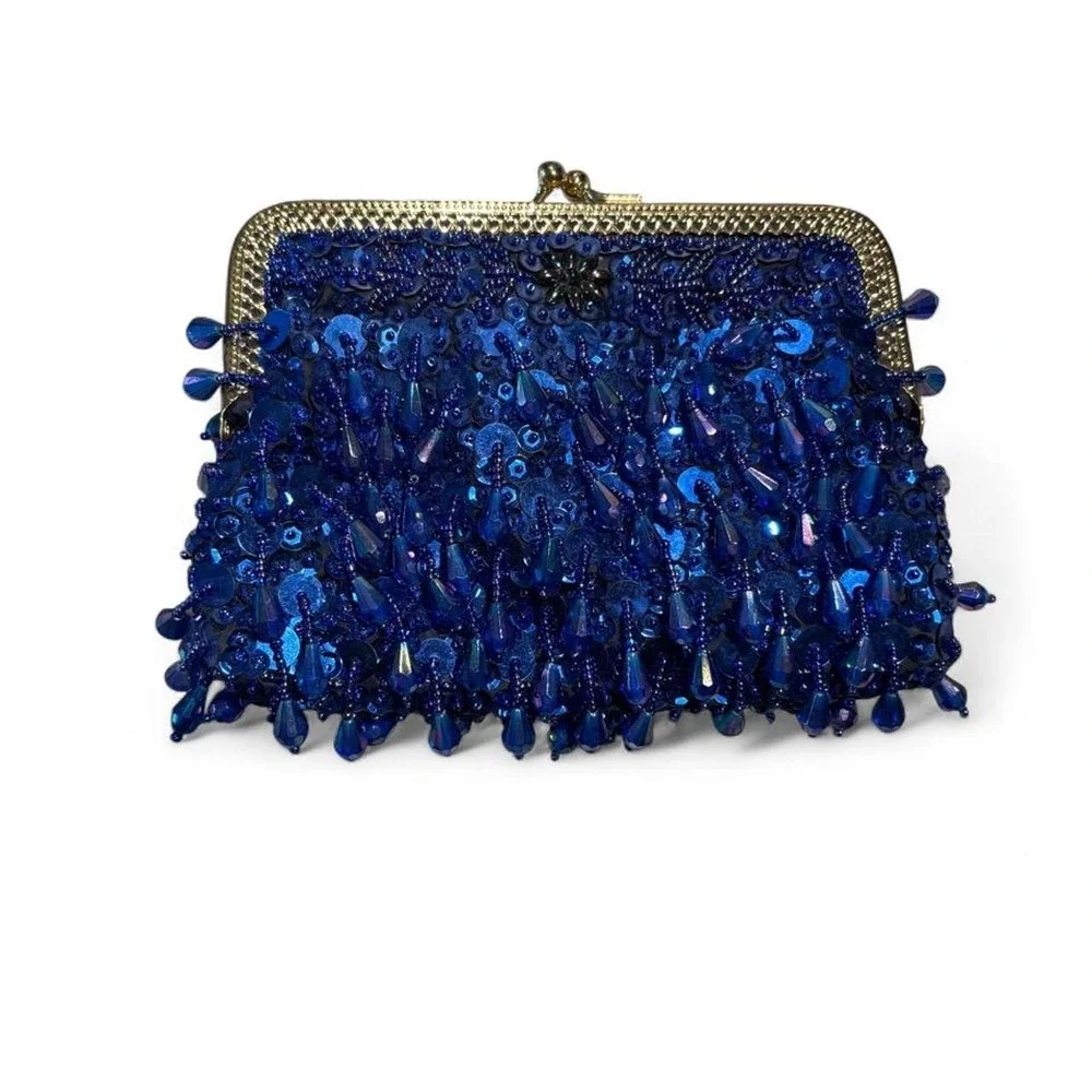 Vintage Blue Beaded Fringe Kiss-Lock Evening Bag ✨